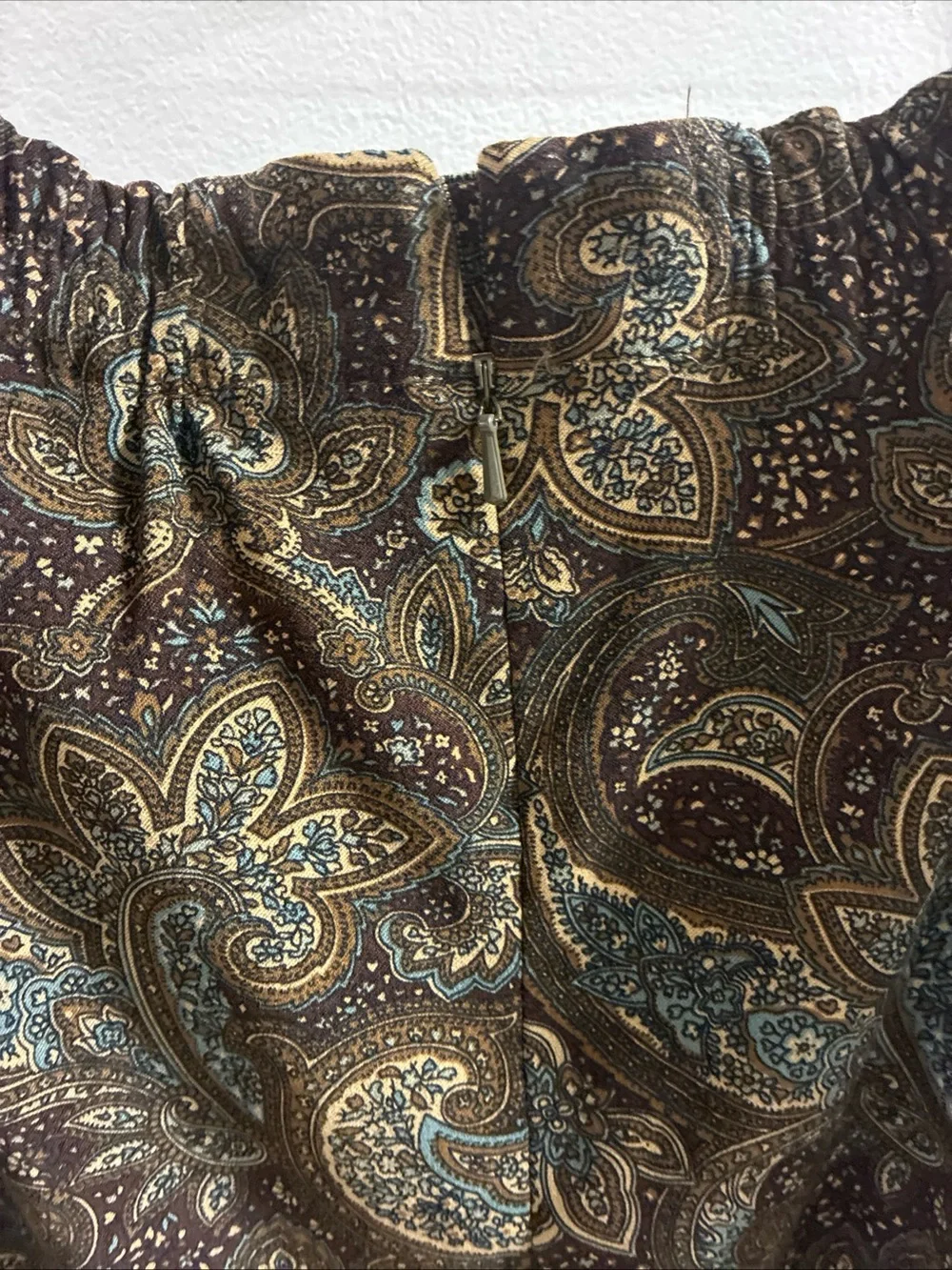 Vtg Orvis Brown Paisley Maxi Skirt with Subtle Teal Accents